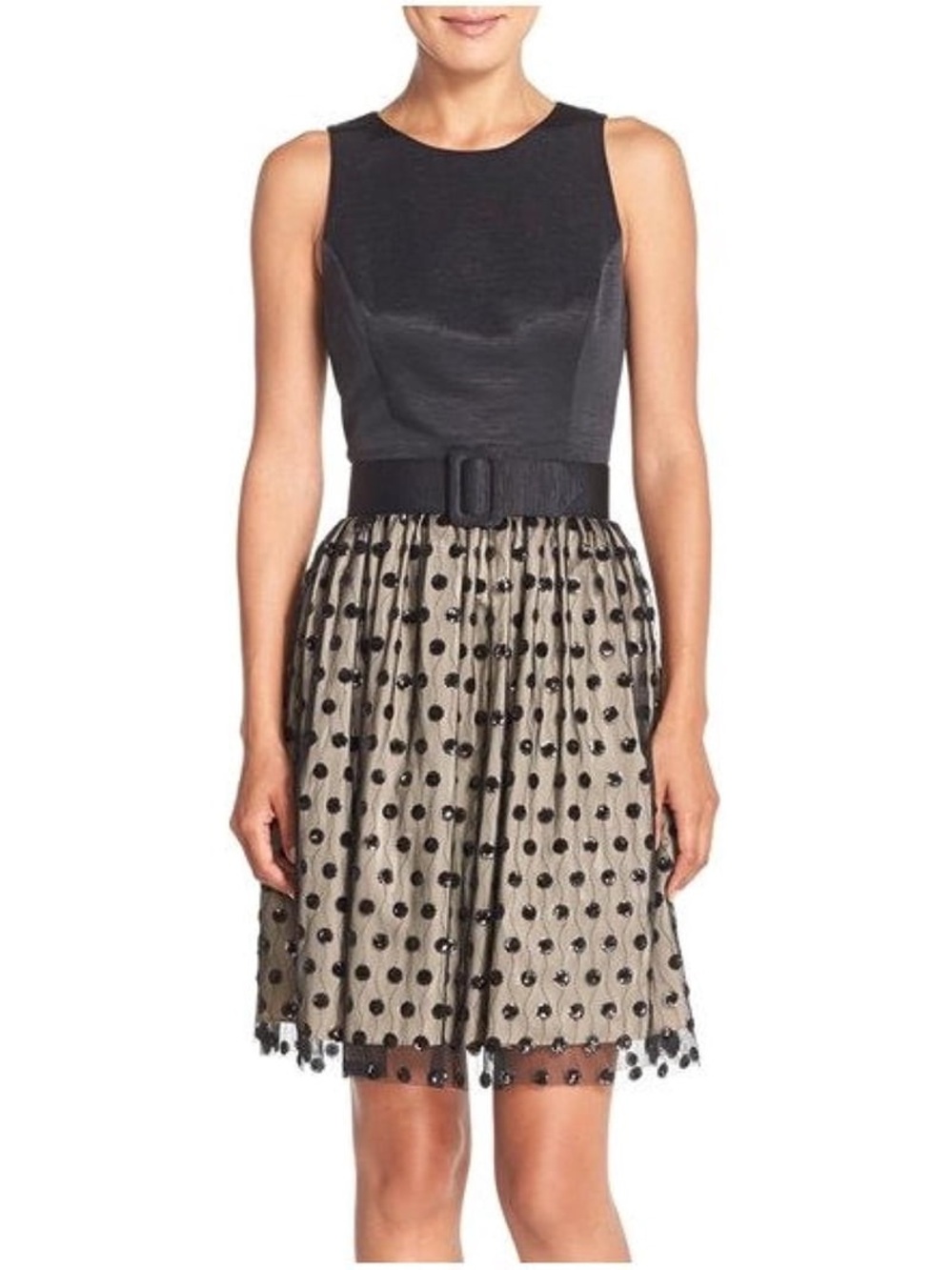 NWT Eliza J Sequin Polka Dot Fit & Flare Dress Size 4 Black Cocktail Party